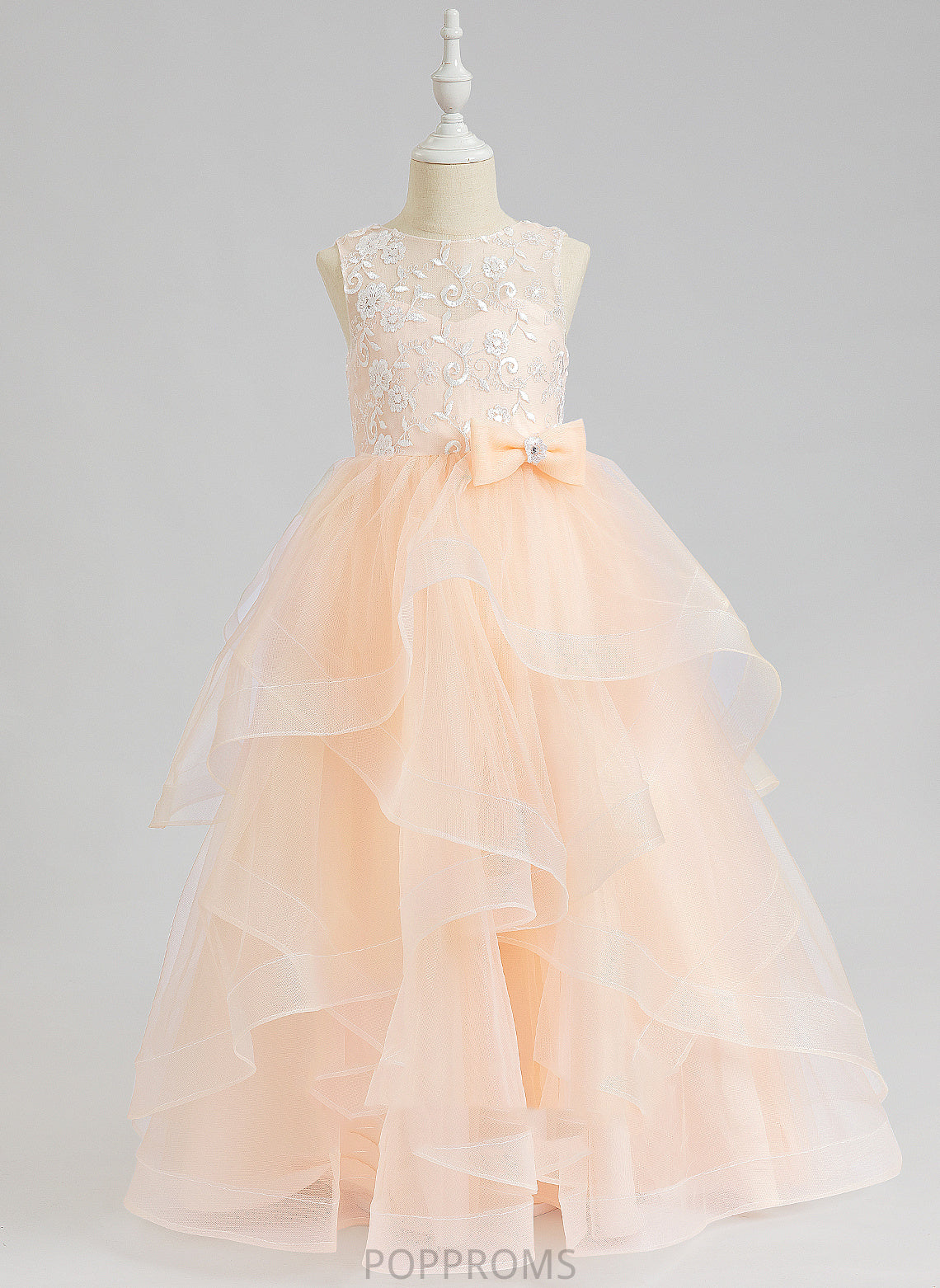 Girl Neck Flower Scalloped Floor-length Back Dress Flower Girl Dresses Lace/Flower(s)/Bow(s)/V Sleeveless Ball-Gown/Princess Tulle - With Marisol