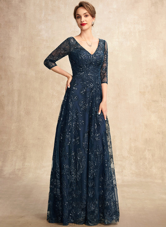 Floor-Length Mother Bride Angel V-neck of Mother of the Bride Dresses A-Line Sequins the With Lace Dress