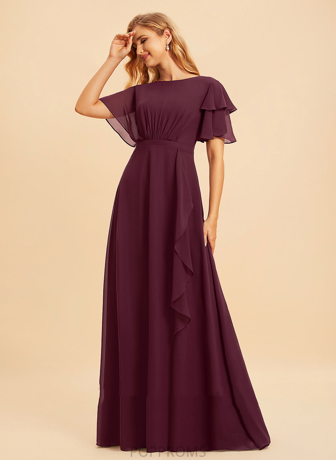 A-Line Neckline Fabric Ruffle SplitFront Silhouette ScoopNeck Floor-Length Embellishment Length Rosalie A-Line/Princess Bridesmaid Dresses