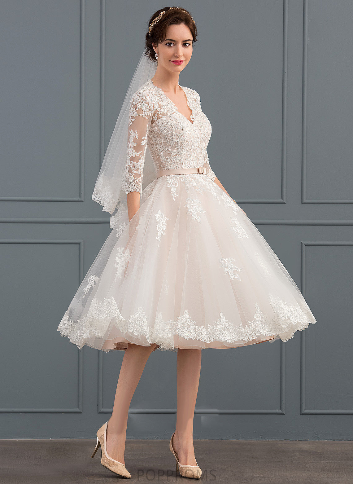 Wedding Dresses Jayda A-Line With Wedding Knee-Length Bow(s) Dress Lace Tulle V-neck