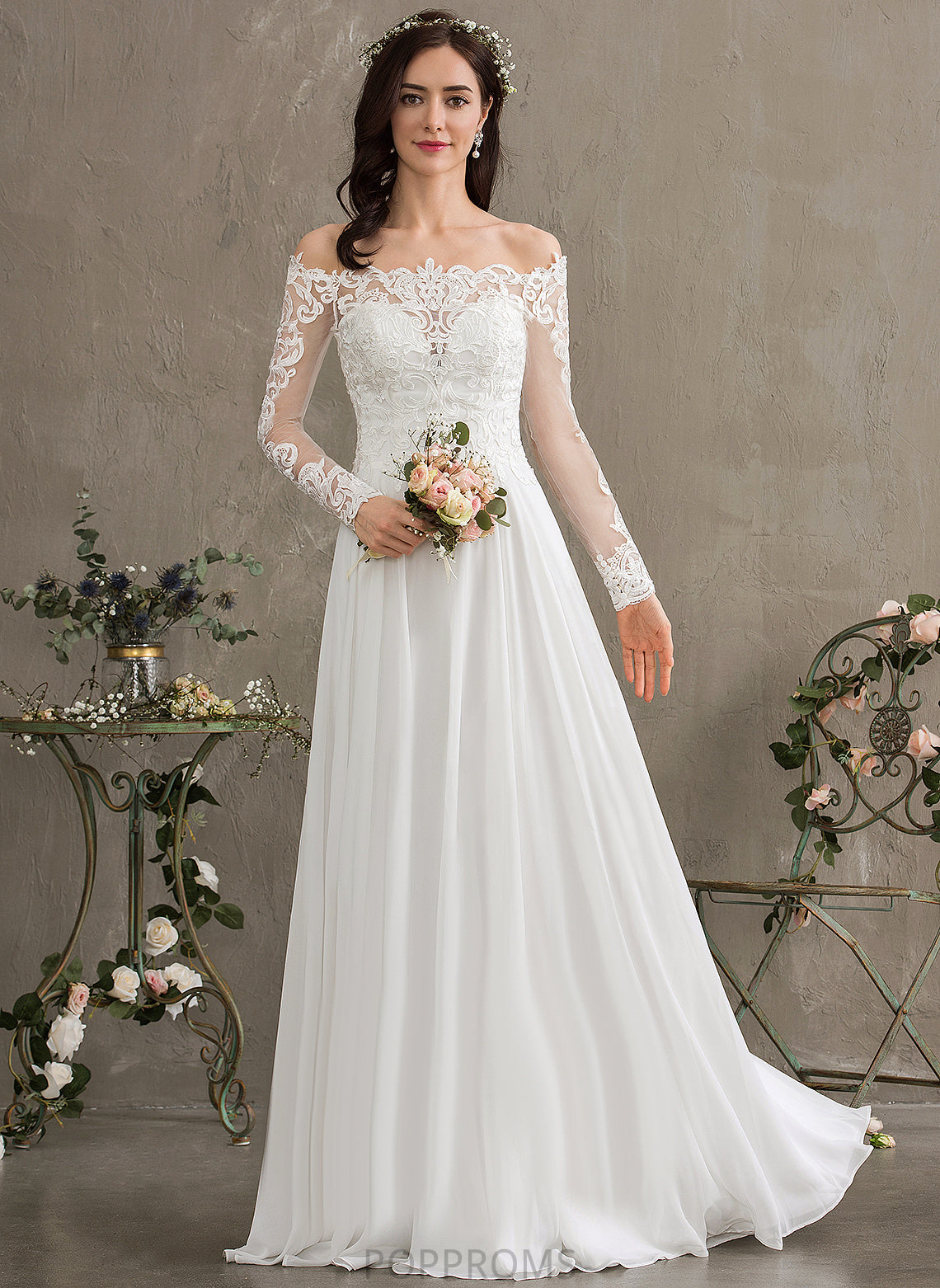 Wedding Lizbeth A-Line Wedding Dresses Off-the-Shoulder Floor-Length Dress Lace Chiffon