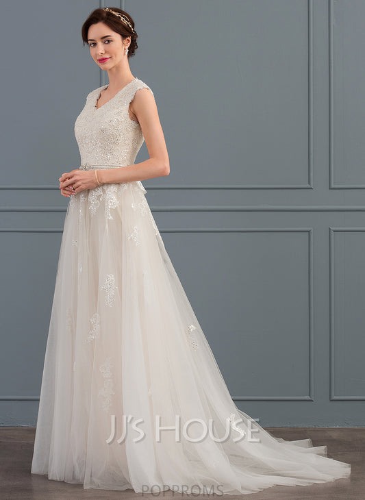 V-neck Sequins Beading Dress A-Line With Tulle Mabel Wedding Sweep Wedding Dresses Bow(s) Train