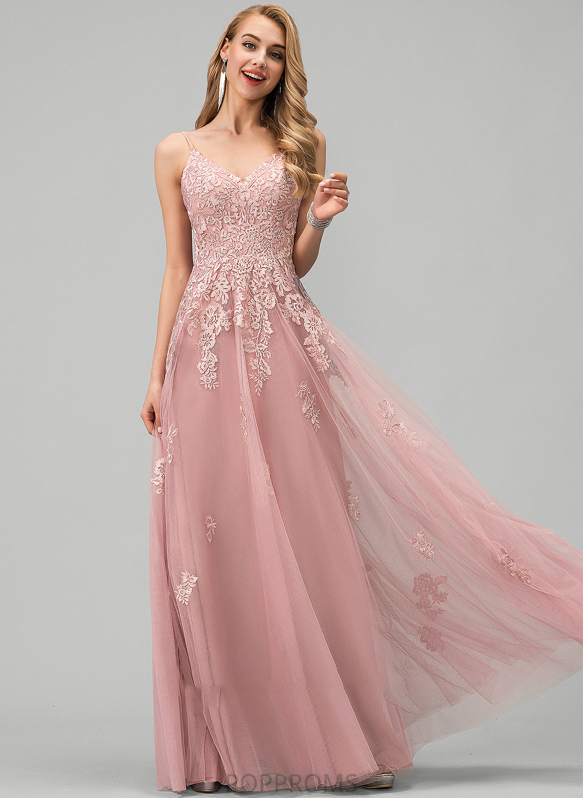 Lace With V-neck Floor-Length Imani Ball-Gown/Princess Prom Dresses Tulle