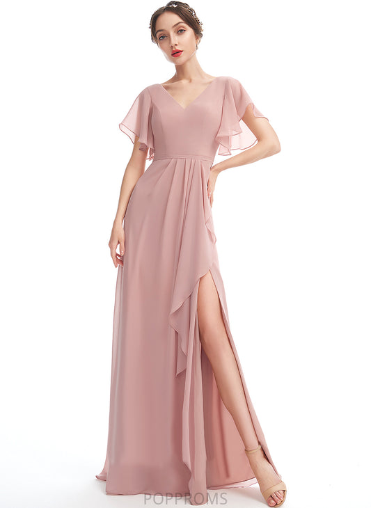 Silhouette Length Ruffle Embellishment V-neck A-Line SplitFront Floor-Length Neckline Fabric Deborah Scoop Bridesmaid Dresses