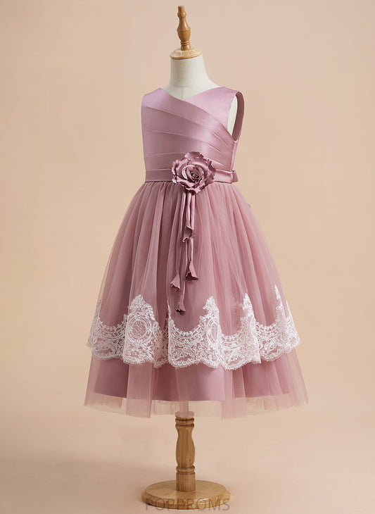 V-neck Satin/Tulle Back Sleeveless Flower Girl Dresses Dress Lace/Flower(s)/Bow(s)/Pleated/V Knee-length A-Line With Girl Lilian - Flower