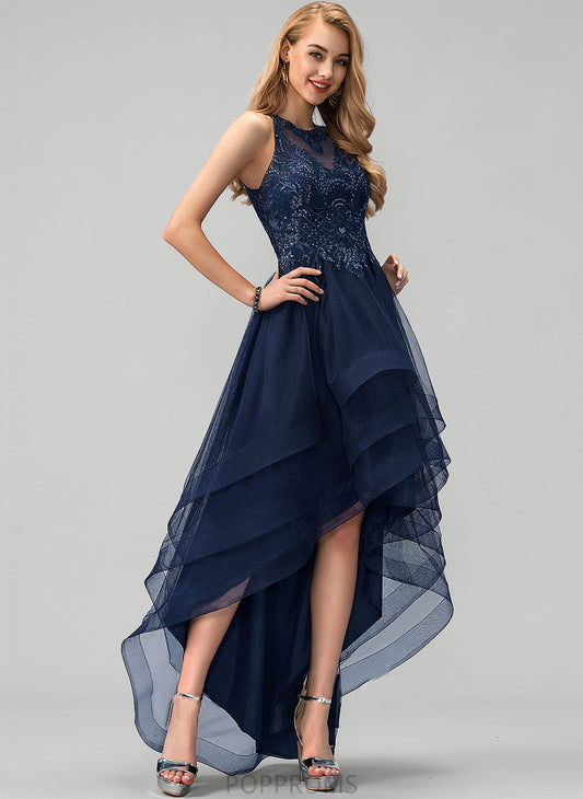 Scoop Asymmetrical Neck Prom Dresses Tulle Ball-Gown/Princess Lace Sequins Pearl Beading With