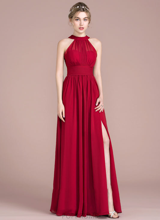 With Ruffle Bow(s) Prom Dresses A-Line Front Floor-Length Neck Scoop Chiffon Valeria Split