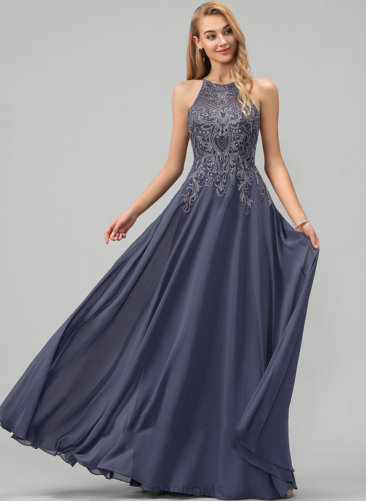 Neck With A-Line Sequins Brittany Scoop Floor-Length Prom Dresses Lace Chiffon