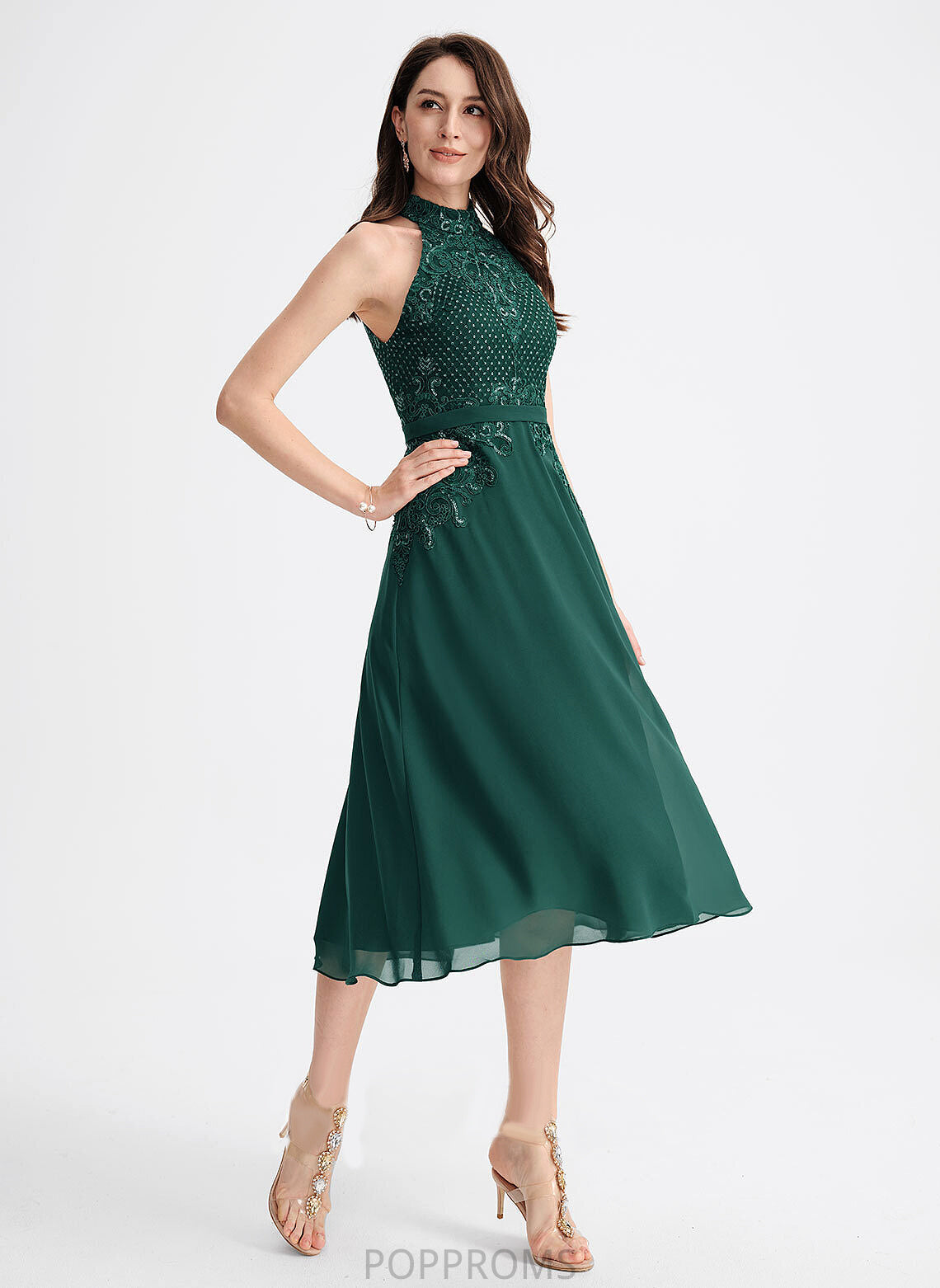 With A-Line Tea-Length Dress Chiffon Cocktail Dresses Sequins Lace Cocktail Scoop Susanna Neck