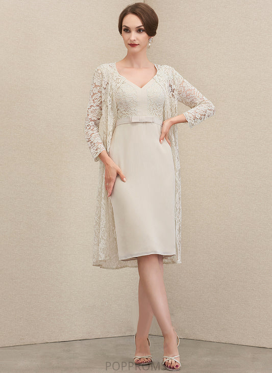 Knee-Length Bow(s) V-neck Lorena With Dress Chiffon Cocktail Dresses Sheath/Column Lace Cocktail