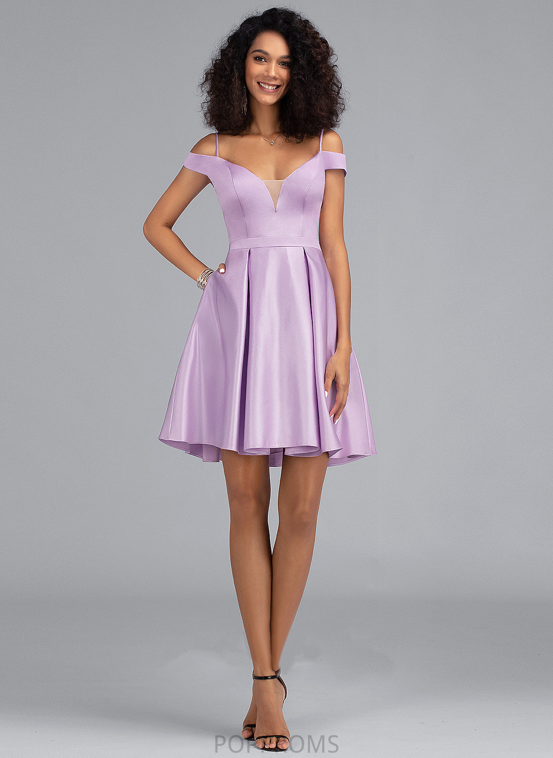 Homecoming Dress Short/Mini A-Line Satin Off-the-Shoulder With Pockets Norma Bow(s) Homecoming Dresses