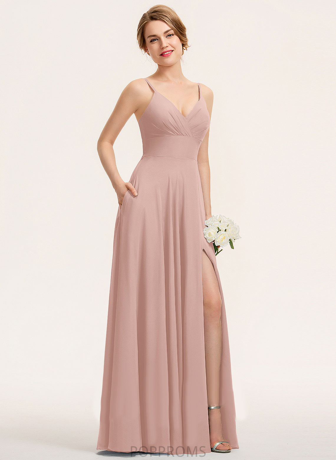 V-neck A-Line Prom Dresses Joy Ruffle With Floor-Length Chiffon