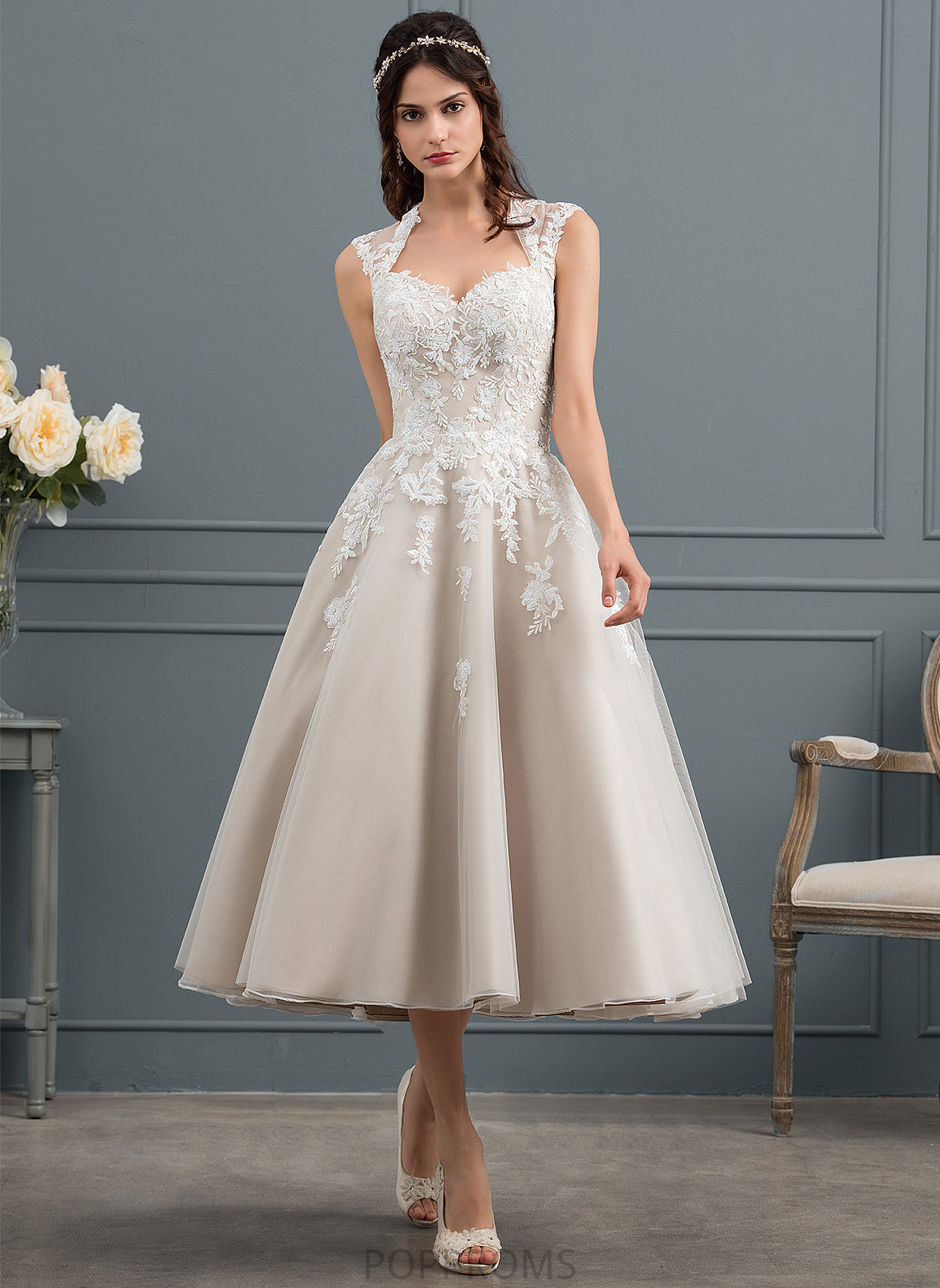 Yadira Tulle Sweetheart Tea-Length Wedding Dresses Wedding Sequins With Ball-Gown/Princess Dress