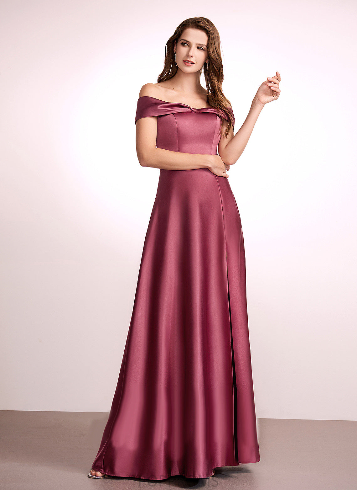 Neckline Off-the-Shoulder A-Line Embellishment Length SplitFront Floor-Length Silhouette Fabric Rayne Natural Waist Sleeveless Bridesmaid Dresses