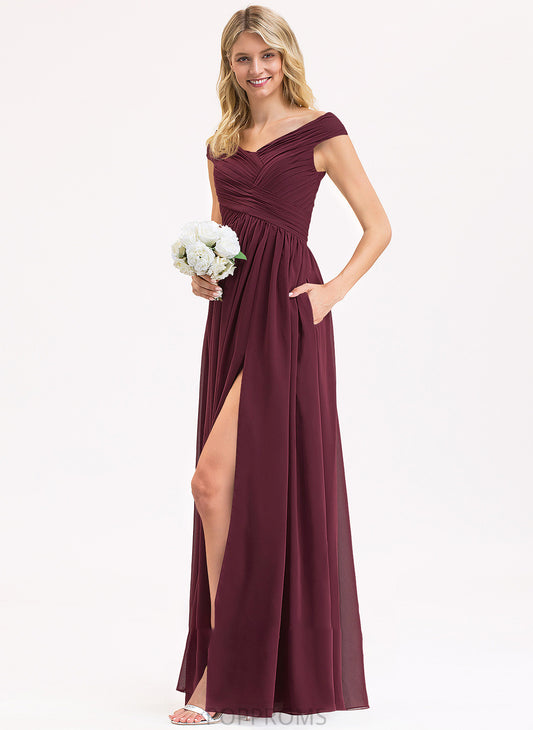 Fabric Embellishment Off-the-Shoulder Pockets Neckline SplitFront Floor-Length Silhouette Length Ruffle A-Line Zariah Bridesmaid Dresses