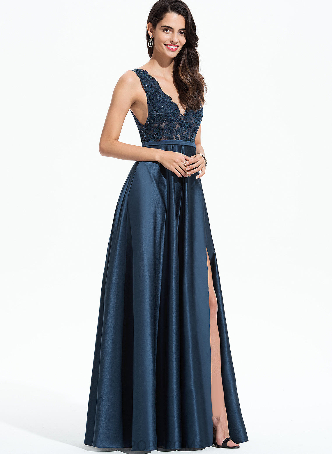 V-neck Floor-Length Susan Front A-Line With Prom Dresses Split Satin Lace Pockets Sequins