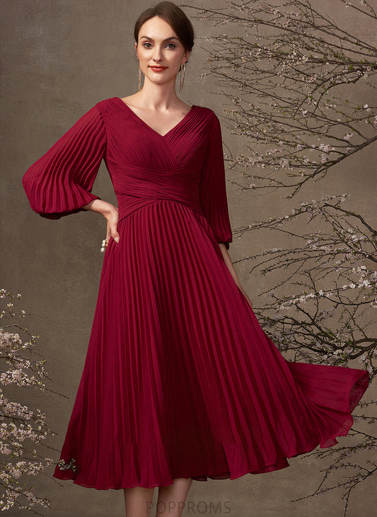 With Pleated Mother the Mother of the Bride Dresses Bride Dress of Chiffon Tea-Length V-neck Ina A-Line