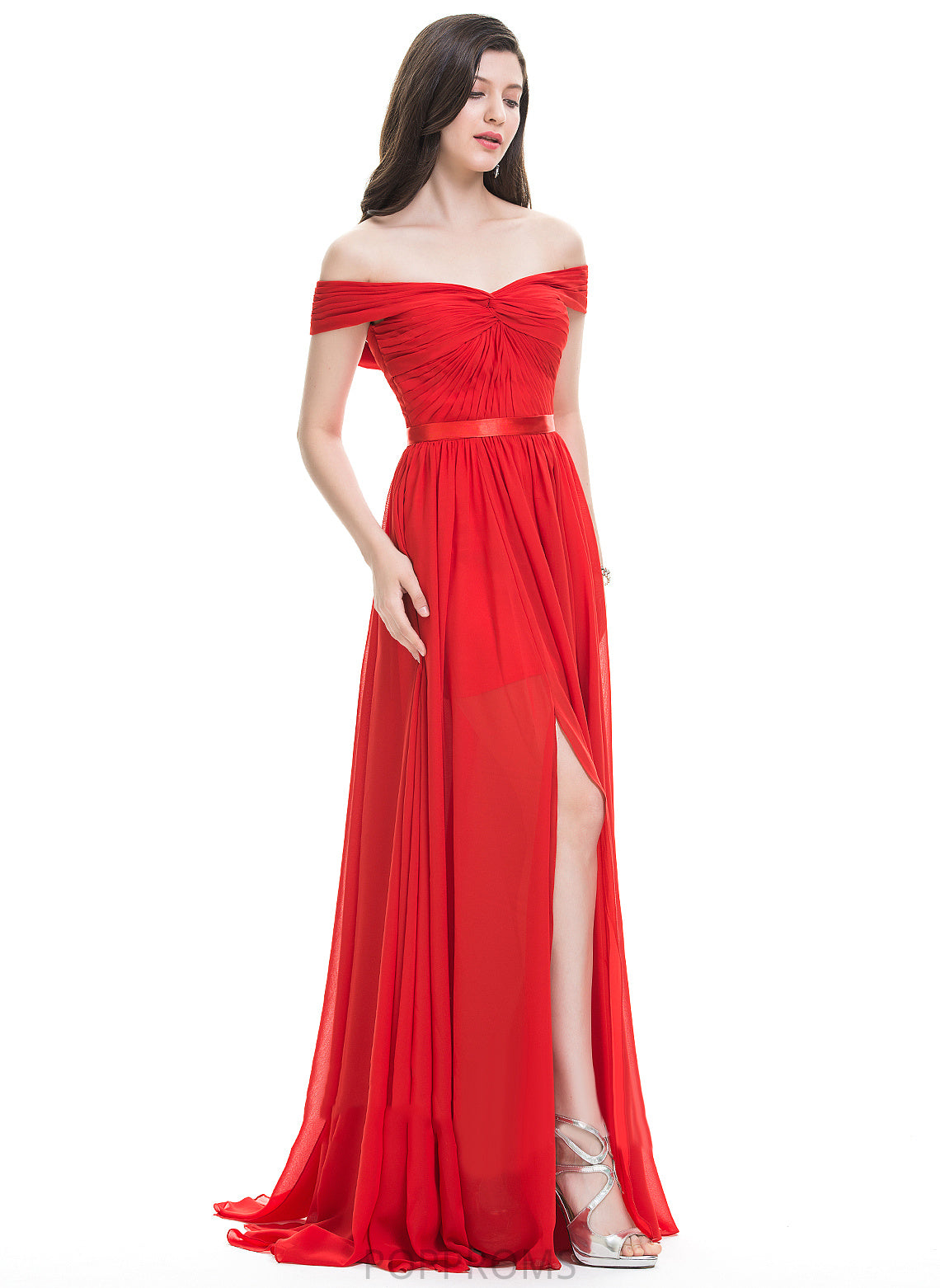 SweepTrain SplitFront Embellishment Off-the-Shoulder Silhouette Fabric Length Ruffle Neckline A-Line Tanya Sleeveless Bridesmaid Dresses