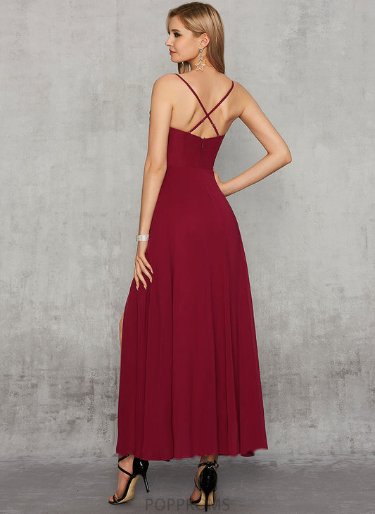 V-neck Prom Dresses Front Suzanne With Chiffon A-Line Split Ankle-Length