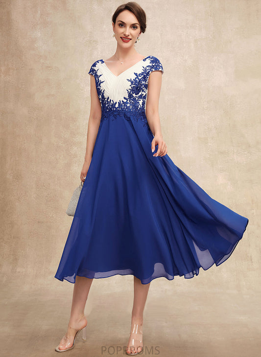 A-Line Ruffle Tea-Length Megan Chiffon With Mother V-neck Lace Dress Mother of the Bride Dresses the of Bride