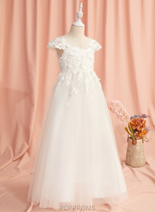 - Flower Girl Dresses Flower Floor-length Dress With Short Carly V-neck A-Line Lace/Flower(s) Tulle Girl Sleeves