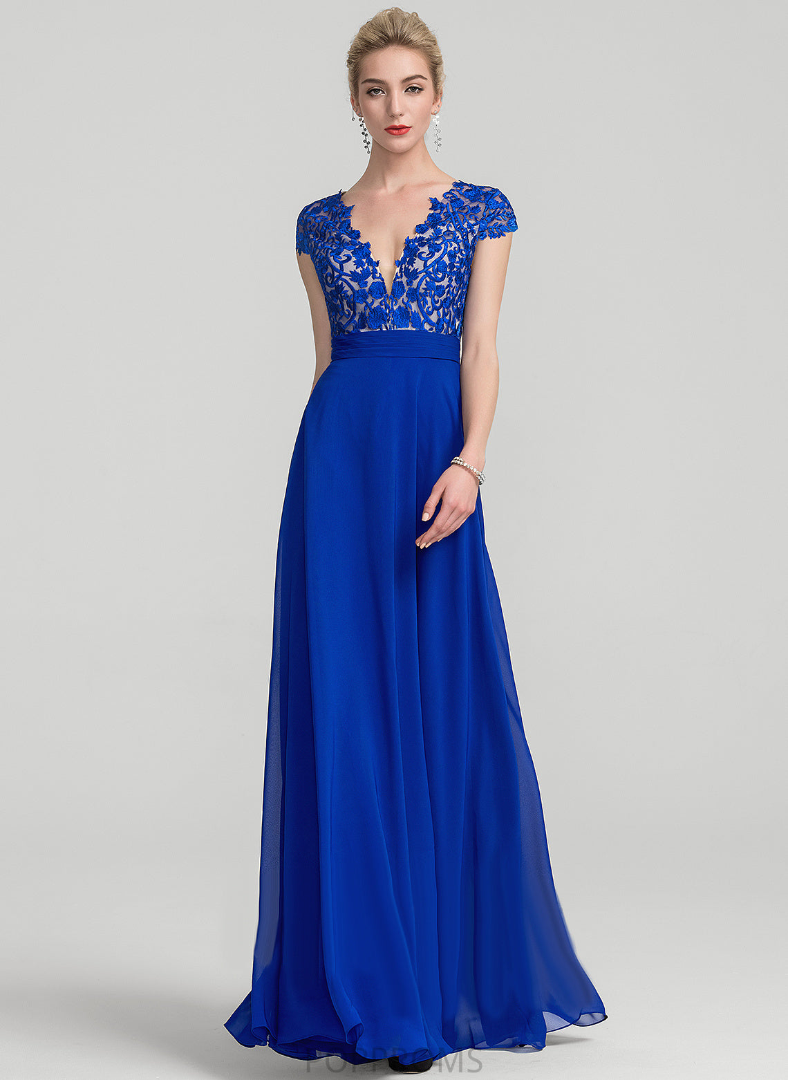 V-neck Lace Floor-Length With Chiffon Damaris Ruffle A-Line Prom Dresses