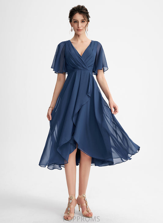 Kamora Chiffon V-neck Cocktail Dresses A-Line With Ruffle Dress Cocktail Asymmetrical