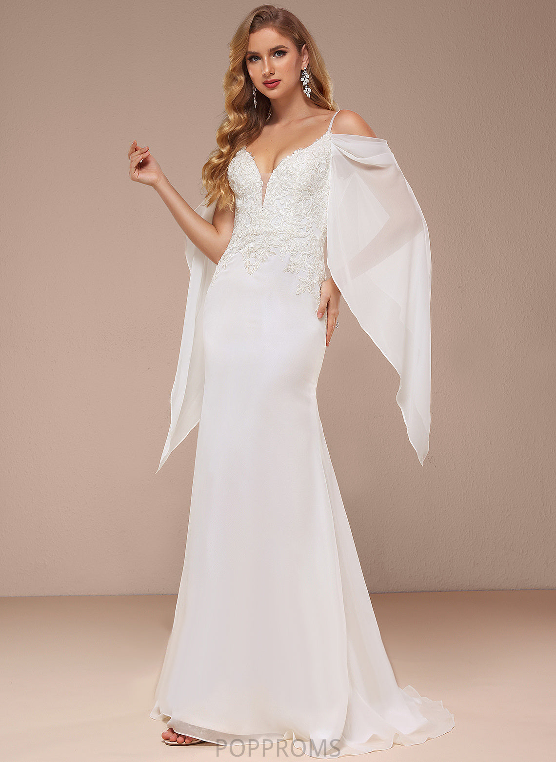 Gloria Train Shoulder Chiffon Trumpet/Mermaid Lace Sweep Wedding Dresses Wedding Dress Cold