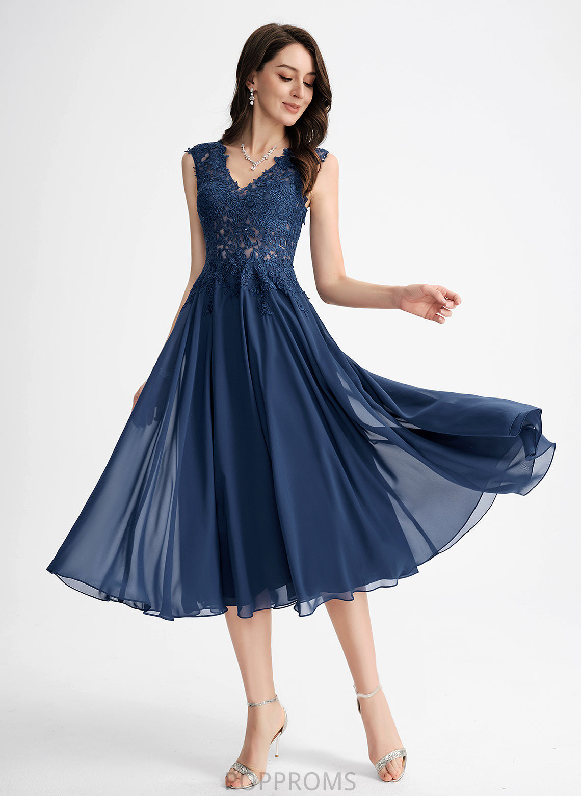 Alissa A-Line Cocktail Dresses Tea-Length Lace Cocktail Chiffon Dress V-neck