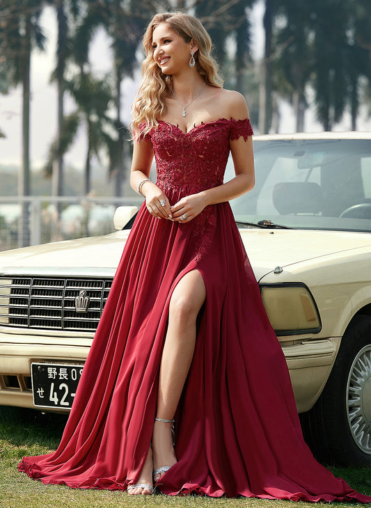 Chiffon Train A-Line Prom Dresses Lace Alicia Sequins With Off-the-Shoulder Sweep