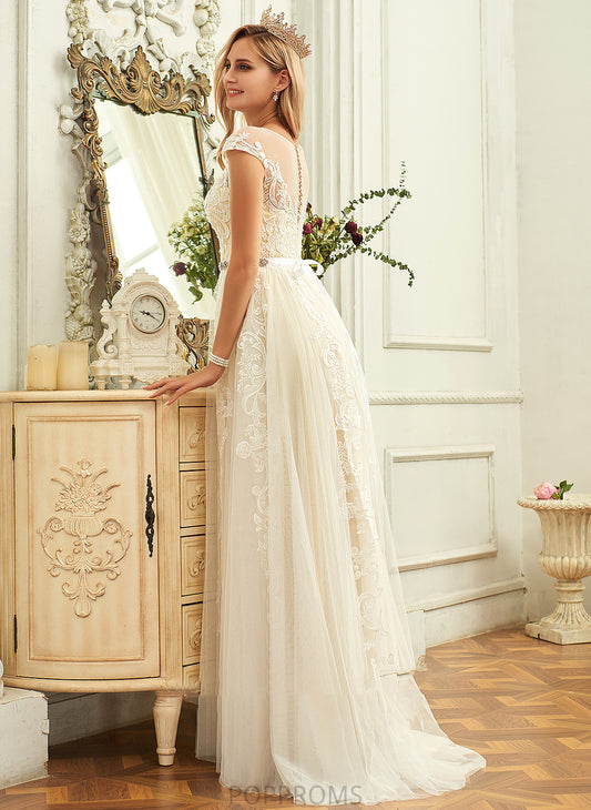 Wedding Dresses With Dress Tulle Sweep A-Line Ruffle Wedding Scoop Train Neck Ally Lace Lace