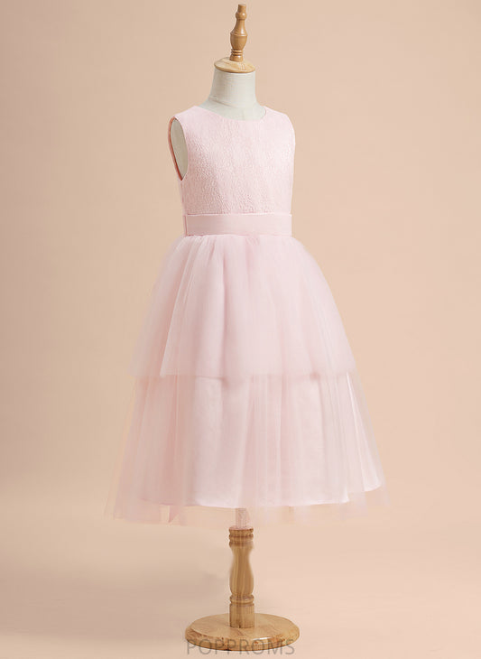 With Flower Girl Dresses Scoop Tamia Sleeveless Satin/Tulle A-Line Lace Dress Knee-length Neck Girl - Flower