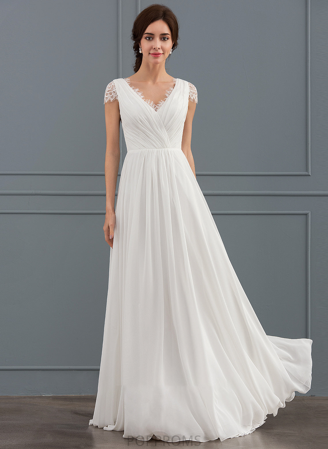 Wedding Dresses Ruffle Renee A-Line Chiffon Dress With V-neck Wedding Floor-Length Lace