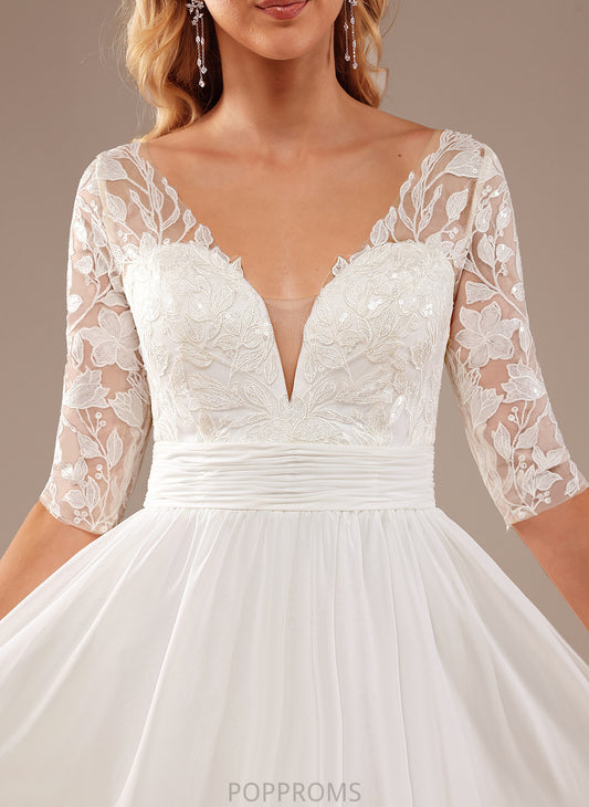 Ruffle Lace V-neck Maren Dress A-Line Floor-Length Wedding Dresses Wedding With Chiffon Sequins