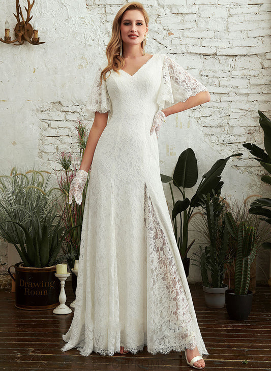 Split Sheath/Column Lace Wedding Dresses Train Wedding Dress Front V-neck Jaycee Sweep With