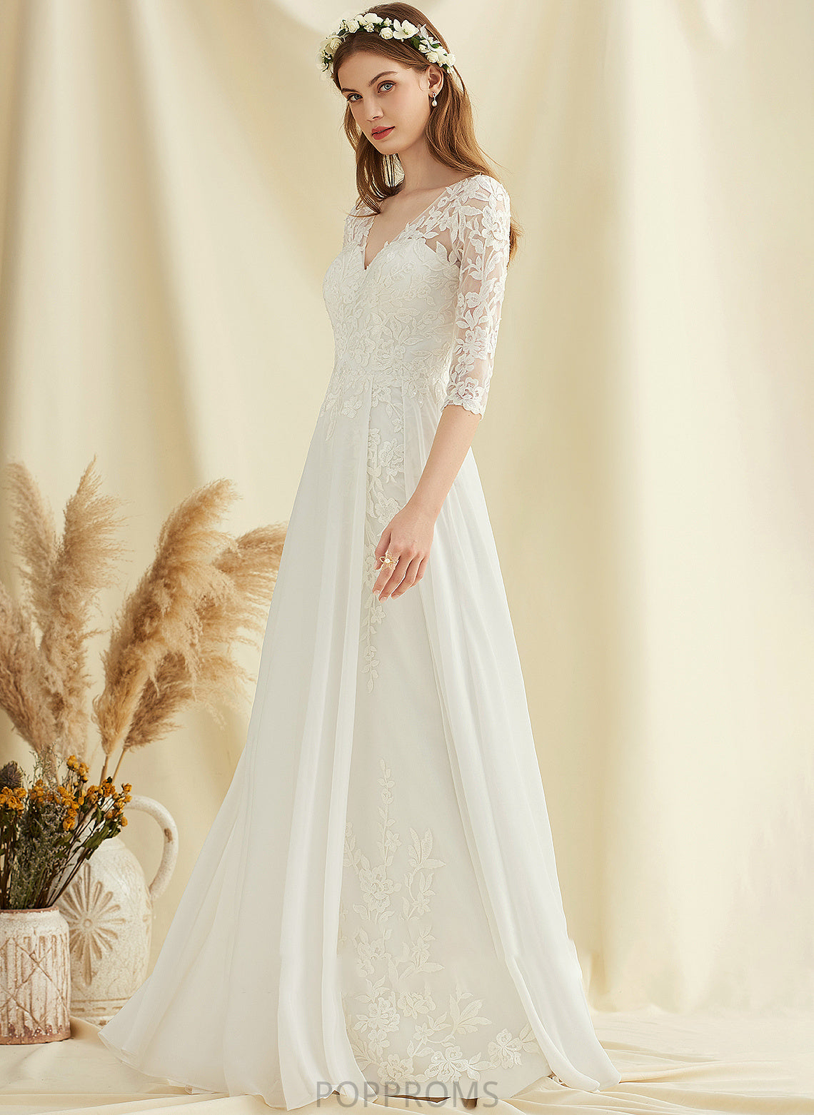 Wedding Wedding Dresses A-Line Lace V-neck Chiffon Aylin Floor-Length Dress