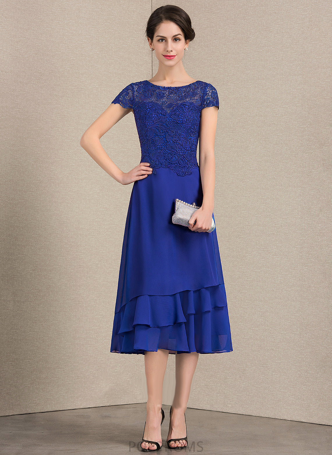 Chiffon Mother Scoop A-Line Angelina Mother of the Bride Dresses Lace Bride the of Dress Neck Tea-Length