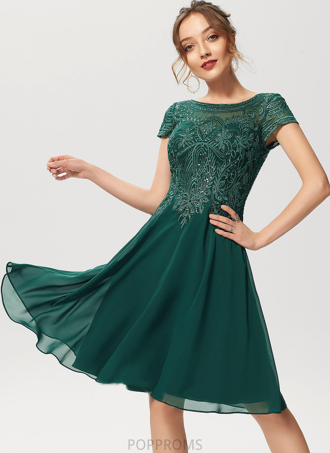 Jazlene With A-Line Neck Cocktail Dress Knee-Length Sequins Chiffon Lace Cocktail Dresses Scoop