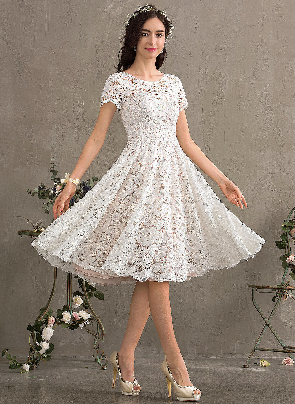 Scoop A-Line Cheyenne Knee-Length Dress Wedding Dresses Lace Wedding Neck