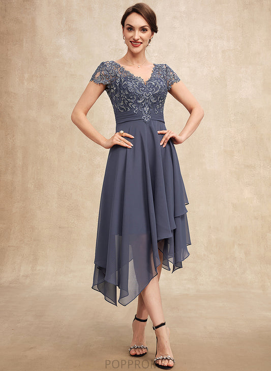 V-neck Ruffle the Dress of Asymmetrical With Chiffon A-Line Elisa Mother Bride Lace Mother of the Bride Dresses