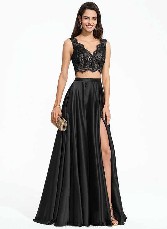 Satin Lace Prom Dresses A-Line Floor-Length Rihanna V-neck