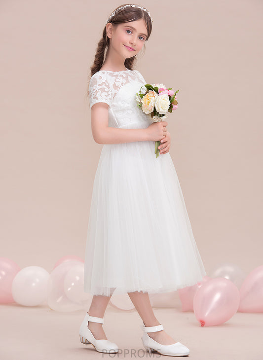 Tulle Tea-Length A-Line Neck Junior Bridesmaid Dresses Deanna Scoop