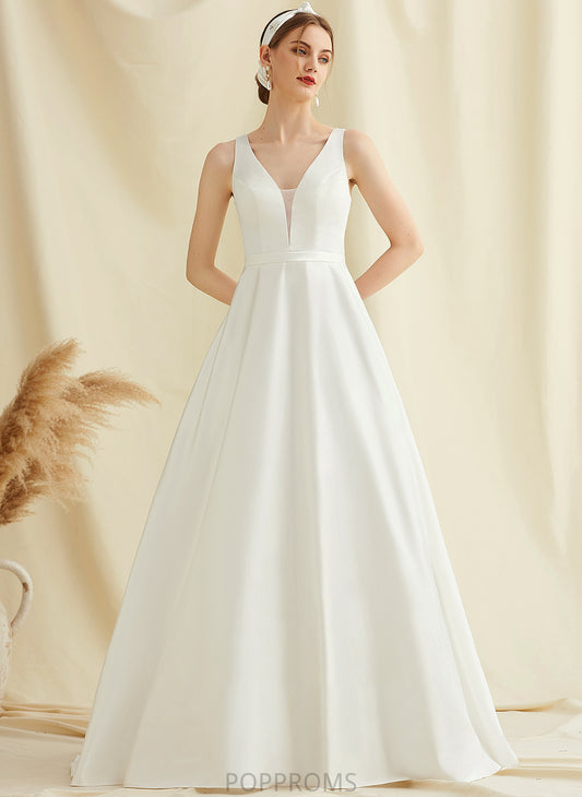 Ball-Gown/Princess Pockets Mylie Dress Satin Train Sweep With Lace Wedding Dresses Wedding V-neck