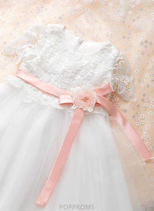 Sash/Flower(s) Sleeves A-Line Flower Girl Dresses Tulle/Lace Dress - Neck Flower Short Scoop Karen Knee-length With Girl