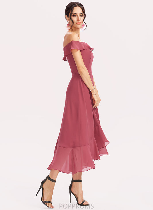 A-Line Neckline Fabric Off-the-Shoulder Length Embellishment CascadingRuffles Tea-Length Silhouette Dayana Sleeveless A-Line/Princess Bridesmaid Dresses