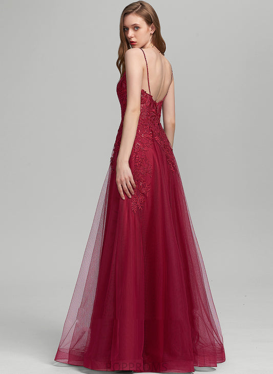 Ball-Gown/Princess With Sequins Prom Dresses Lace Beading Floor-Length Maya Tulle V-neck