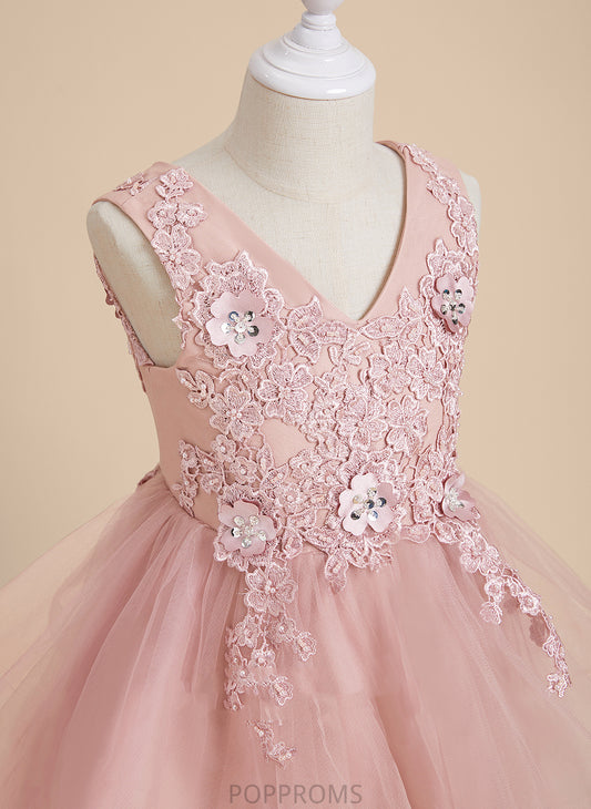 Tulle/Lace Flower V-neck Dress Girl - Arely With Beading/Flower(s)/Sequins Knee-length Sleeveless Flower Girl Dresses A-Line