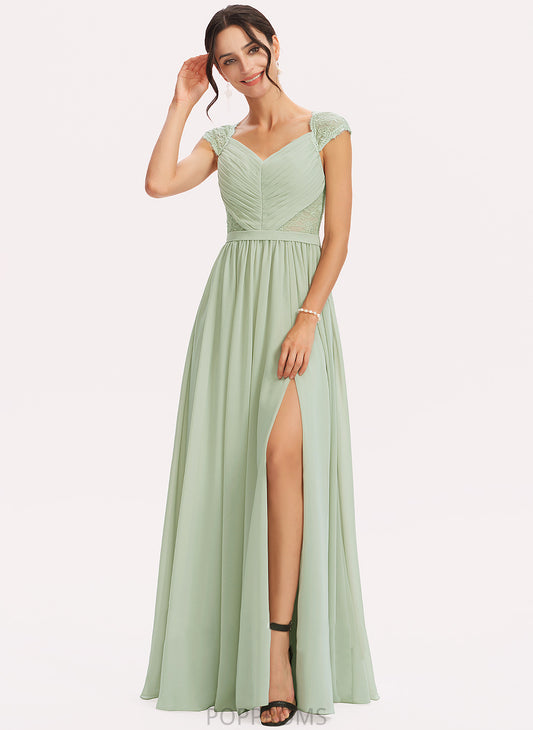 Length A-Line SplitFront Silhouette Lace Embellishment V-neck Floor-Length Neckline Fabric Reyna Short Sleeves Bridesmaid Dresses