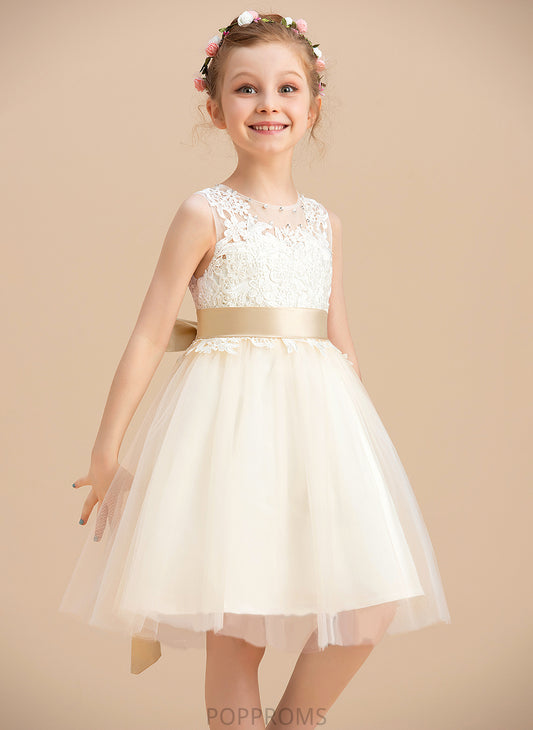 sash) Neck With Girl Flower Girl Dresses Sleeveless Flower (Detachable - Scoop A-Line Knee-length Sash/Beading/Back Hole Jazmyn Tulle/Lace Dress