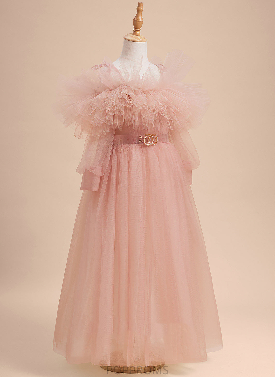 Dress Anne With Floor-length Tulle - Off-the-Shoulder Ruffles/Sash/Beading Girl Flower Long Flower Girl Dresses A-Line Sleeves